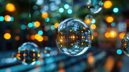 A stunning close-up of reflective spheres hanging in the air, featuring a vibrant bokeh background of glowing urban lights, creating a festive and artistic ambiance.の素材
