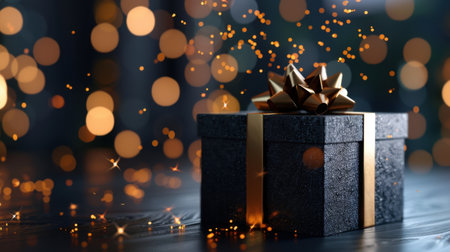 A sophisticated black gift box adorned with a golden ribbon is set against a backdrop of shimmering bokeh lights, creating a magical and festive atmosphere suitable for celebrations.の素材