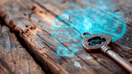This striking image features an antique key with a captivating glow, surrounded by mystical symbols on a weathered wooden surface, evoking a sense of mystery and magic.の素材