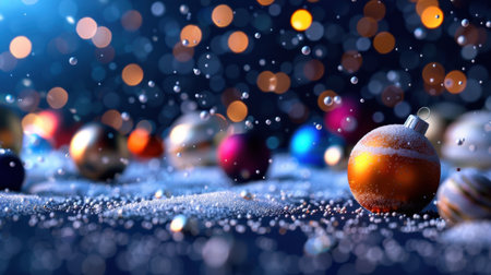 This captivating image features colorful Christmas ornaments scattered on a snowy surface, illuminated by shimmering bokeh lights. Perfect for holiday themes.の素材