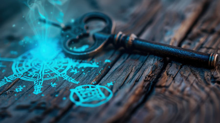 A captivating image featuring a mystical key resting on a rustic wood surface, illuminated by soft blue symbols, suggesting adventure and enchantment.の素材