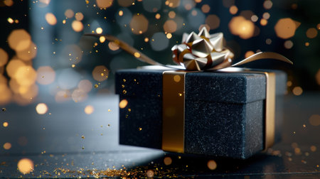 A beautifully wrapped black gift box adorned with a gold ribbon and surrounded by sparkling confetti, perfect for holiday celebrations and special occasions.の素材