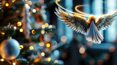 A captivating Christmas scene featuring a shimmering angel ornament hovering above a beautifully decorated tree, surrounded by soft twinkling lights and warmth.の素材