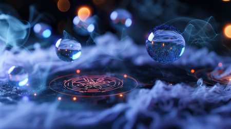 Experience a dreamy atmosphere with floating spheres above mystical symbols, surrounded by soft smoke and glowing lights, creating an enchanting visual.の素材