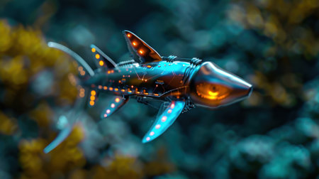 Stunning mechanical fish design gliding through a vibrant underwater world, combining nature with futuristic technology in a colorful aquatic scene.の素材