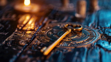 A captivating golden antique key rests on a dark surface adorned with mysterious symbols, accompanied by a softly glowing candle, evoking a sense of wonder and intrigue.の素材