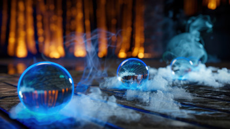 Captivating image of translucent glass spheres resting on a dark surface, surrounded by wisps of mist with an enchanting glow in the background.の素材
