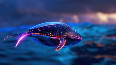 A surreal and colorful representation of a whale swimming gracefully in a vibrant ocean, enhanced with neon light effects, creating a dreamlike atmosphere.の素材