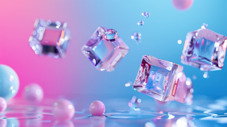 A stunning arrangement of colorful glass cubes and orbs gently floating in the air against a soft blue and pink backdrop. The visual creates an ethereal and dreamy atmosphere, perfect for modern design, art projects, or abstract themes.の素材