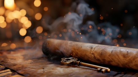 An antique key rests elegantly on an ancient scroll, surrounded by swirling smoke and warm light, creating a captivating atmosphere of mystery and history.の素材