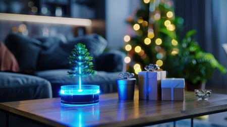 A beautifully arranged living room for the holidays features a small illuminated Christmas tree, wrapped gifts, and a warm, inviting atmosphere perfect for celebrations.の素材