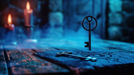 A captivating scene featuring antique keys on an old stone table, surrounded by flickering candles and mystical smoke, creating an enchanting atmosphere.の素材