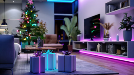 A beautifully decorated living room for Christmas featuring a cozy sofa, colorful lights, a Christmas tree, and wrapped gifts, creating a warm holiday atmosphere.の素材