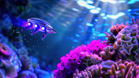 This mesmerizing image features a futuristic submersible navigating a vibrant coral reef, showcasing brilliant colors and rays of light filtering through the water.の素材