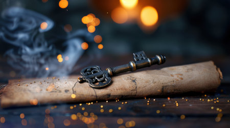 An antique key elegantly placed on a weathered scroll, surrounded by soft smoke and bokeh lights, evokes a sense of mystery and adventure. Perfect for artistic projects.の素材