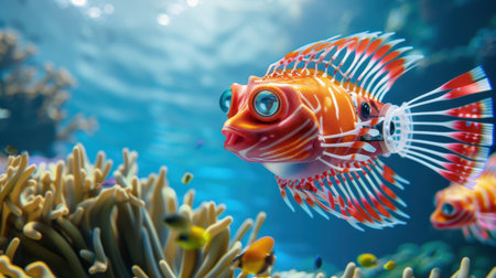 A stunning scene of a colorful fish swimming gracefully among coral reefs showcases the beauty of underwater ecosystems and marine life diversity.の素材