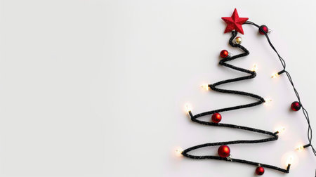 This creative image features a minimalist outline of a Christmas tree made from black wire, adorned with red ornaments and a star, perfect for holiday decorations.の素材