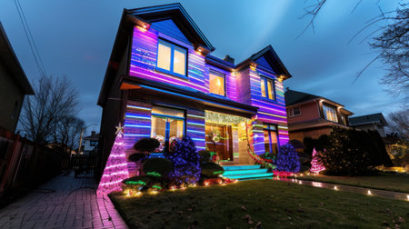 A charming house beautifully adorned with vibrant holiday lights illuminates the exterior, creating a magical atmosphere during the evening hours.の素材