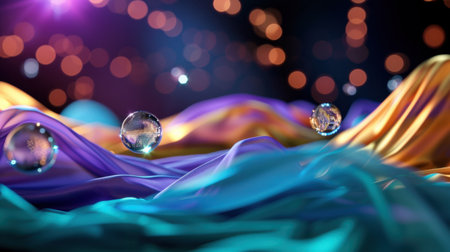 A captivating scene featuring flowing fabric waves in vibrant colors, adorned with delicate bubbles and sparkling lights against a dreamy backdrop.の素材