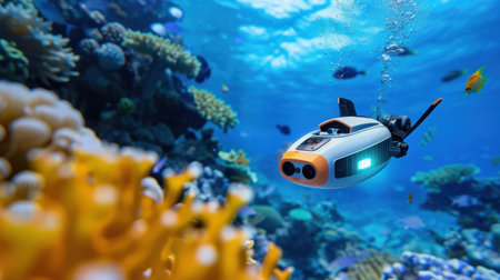This image showcases an advanced submersible camera navigating through a colorful coral reef, surrounded by diverse tropical fish. It highlights the beauty of underwater exploration and marine technology.の素材
