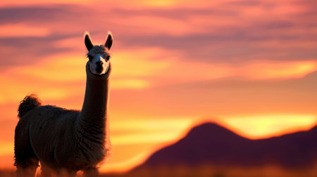 A beautiful llama stands gracefully against a colorful sunset, highlighting the beauty of wildlife in its natural habitat, perfect for nature enthusiasts.の素材