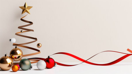 A minimalistic Christmas arrangement featuring a decorative tree made of ribbon, adorned with shiny ornaments in various colors, evoking holiday spirit.の素材