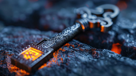 This captivating image features an intricately designed metallic key with a glowing element, resting on textured dark volcanic rock. The contrasting details enhance its mysterious allure.の素材