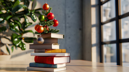 A charming display featuring a mini Christmas tree adorned with colorful ornaments, resting on a stack of books in a cozy indoor space.の素材