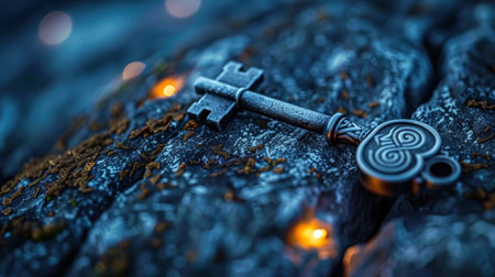 A beautifully crafted vintage key is displayed on a textured stone surface, surrounded by soft bokeh lights, inviting exploration and imagination.の素材