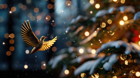 A stunning image of a hummingbird in flight amidst a snowy landscape, featuring warm glowing lights and a beautifully blurred bokeh background, creating a festive mood.の素材