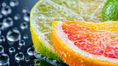 Explore the vibrant details of citrus fruit slices featuring orange, lime, and lemon, enhanced by glistening water droplets on a dark background.の素材