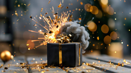 A captivating image of an exploding gift box adorned with sparkles and fireworks, creating a vibrant and joyous atmosphere perfect for celebrations.の素材