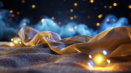 A warm and serene arrangement featuring fashionable fabric draped elegantly across a surface, adorned with glowing orbs, creating a magical and ethereal atmosphere.の素材