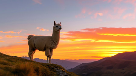 A majestic llama stands proudly on a mountain ridge during sunset, with vibrant hues of orange and pink illuminating the sky and creating a serene atmosphere.の素材