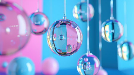 A captivating arrangement of colorful glass spheres hanging gracefully, reflecting light in a playful display against a soft pastel background.の素材