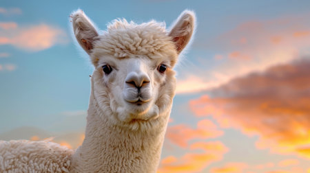 A captivating portrait of an alpaca against a stunning sunset backdrop, showcasing its soft fur and gentle expression, perfect for animal lovers.の素材