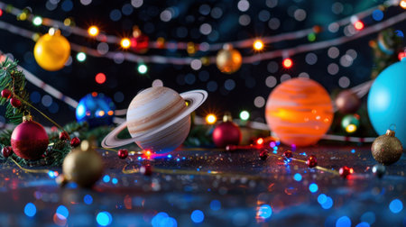 A vibrant arrangement featuring planets amidst colorful Christmas lights, capturing the magic of the festive season with a cosmic twist. Ideal for holiday designs.の素材