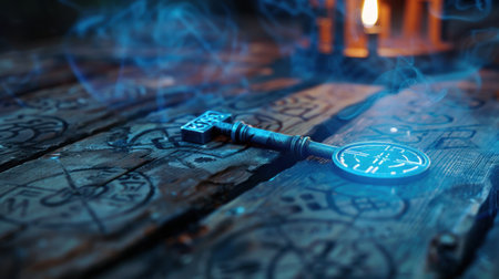 An enigmatic antique key rests on a weathered wooden surface, surrounded by swirling smoke and the warm glow of candlelight, evoking an air of mystery.の素材