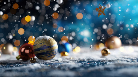 A captivating scene featuring vibrant Christmas ornaments nestled in a dusting of snow, surrounded by twinkling bokeh lights, bringing warmth to the holiday spirit.の素材