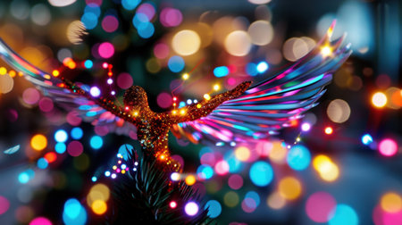A dazzling angel figure sits atop a Christmas tree, surrounded by a sea of vibrant bokeh lights, creating a magical and festive atmosphere ideal for celebrations.の素材