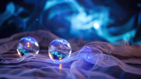 Two luminous glass spheres rest gently on a wispy fabric, surrounded by swirling colors and glowing lights, creating a magical and surreal atmosphere.の素材