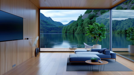 This image showcases a modern living space featuring stylish furniture and a breathtaking view of a serene lake, surrounded by lush greenery, inviting relaxation.の素材