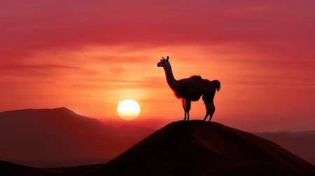 A stunning silhouette of a llama stands gracefully on a sand dune during a vibrant sunset. Nestled between distant mountains, this tranquil scene captures the beauty of wildlife and nature.の素材