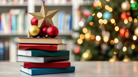 A visually appealing stack of colorful books adorned with vibrant Christmas ornaments and a decorative star, set against a softly blurred background of festive lights and a holiday tree. Perfect for holiday themes, reading, and winter celebrations.の素材