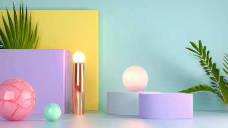 This image showcases a colorful arrangement featuring geometric shapes and playful objects within a soft pastel setting, creating a vibrant and modern aesthetic.の素材