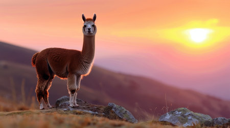 An enchanting alpaca stands proudly on a rocky outcrop during sunset in the Andes, showcasing nature's serene beauty in vibrant colors and soft light.の素材