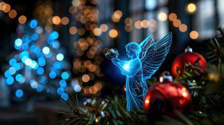 A captivating holographic angel figure shines brightly among sparkling ornaments and festive lights, creating a magical Christmas atmosphere.の素材