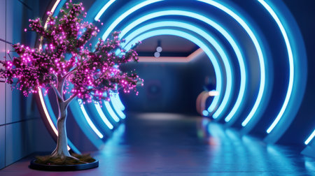 A stunning view of a vibrant neon tree positioned in a futuristic corridor, illuminated by colorful lights, creating an enchanting and artistic ambiance.の素材