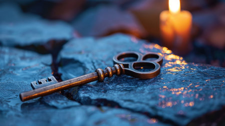 An antique rusty key lies on glistening wet stones, illuminated by a flickering candle, creating an enchanting atmosphere of mystery and tranquility.の素材