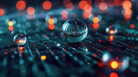 This captivating image features transparent spheres resting on a digital surface, illuminated by vibrant glowing lights, creating a futuristic and artistic atmosphere.の素材